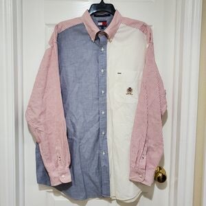 Tommy Hilfiger Men's Red, Blue, and White Vtg Colorblock Shirt